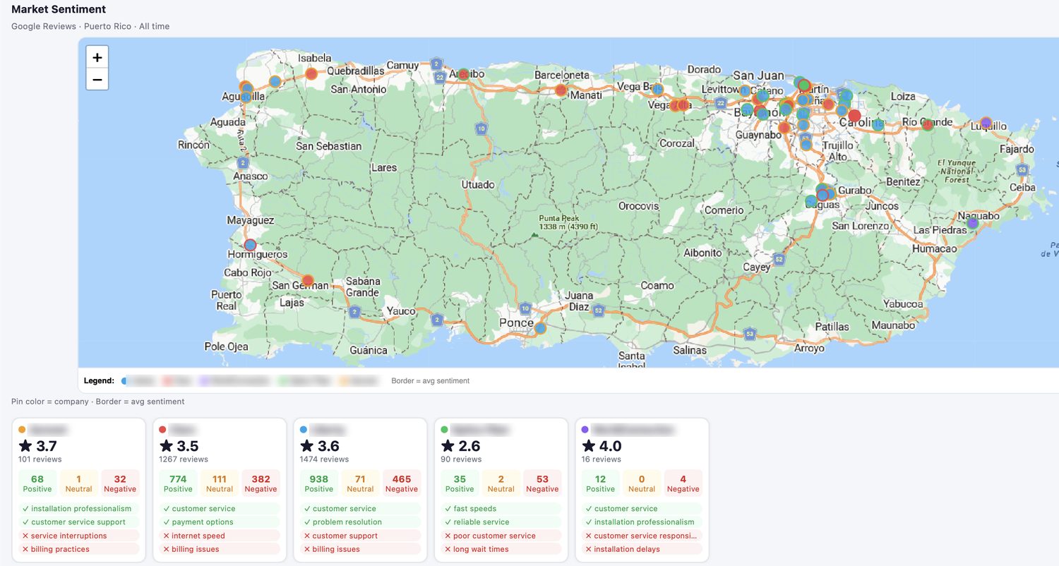 Market sentiment map of Puerto Rico from Google reviews with per-carrier scorecards; carrier names masked