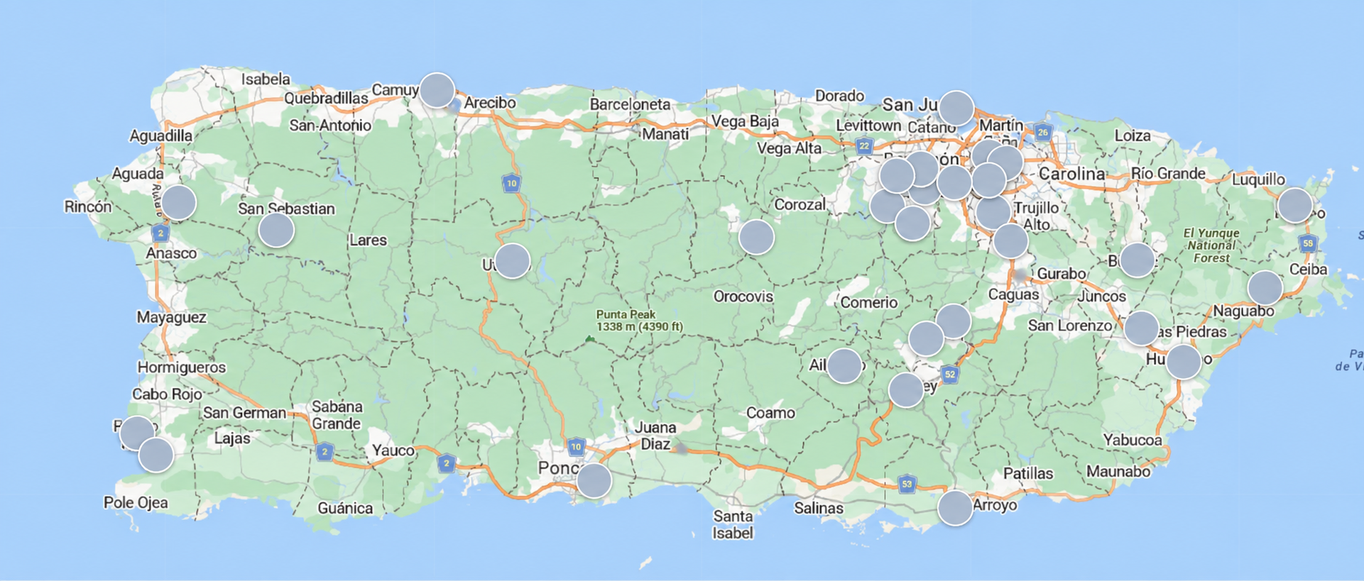 Map of Puerto Rico with every seller shown as a dot; identities masked